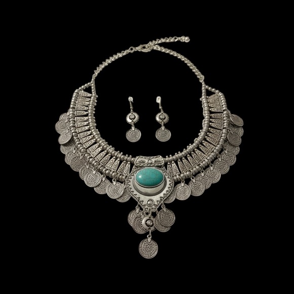 NWT Silver Coin Statement Necklace & Earrings Set with Turquoise Accent - Picture 13 of 14